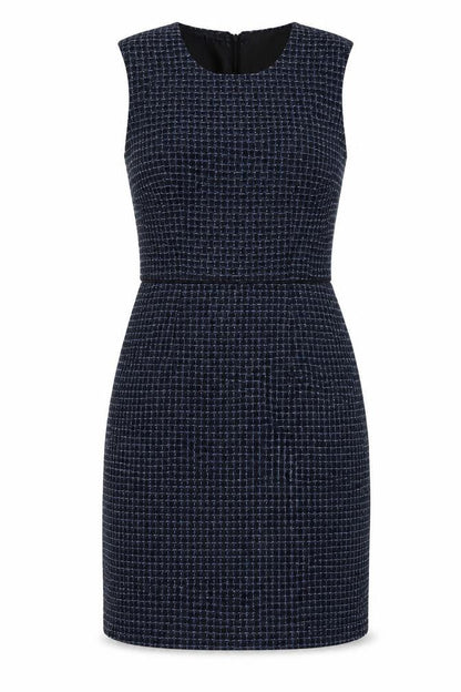 Warehouse Womens Blue Check Polyester Bodycon Size 10 Round Neck Zip