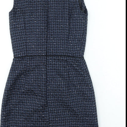 Warehouse Womens Blue Check Polyester Bodycon Size 10 Round Neck Zip