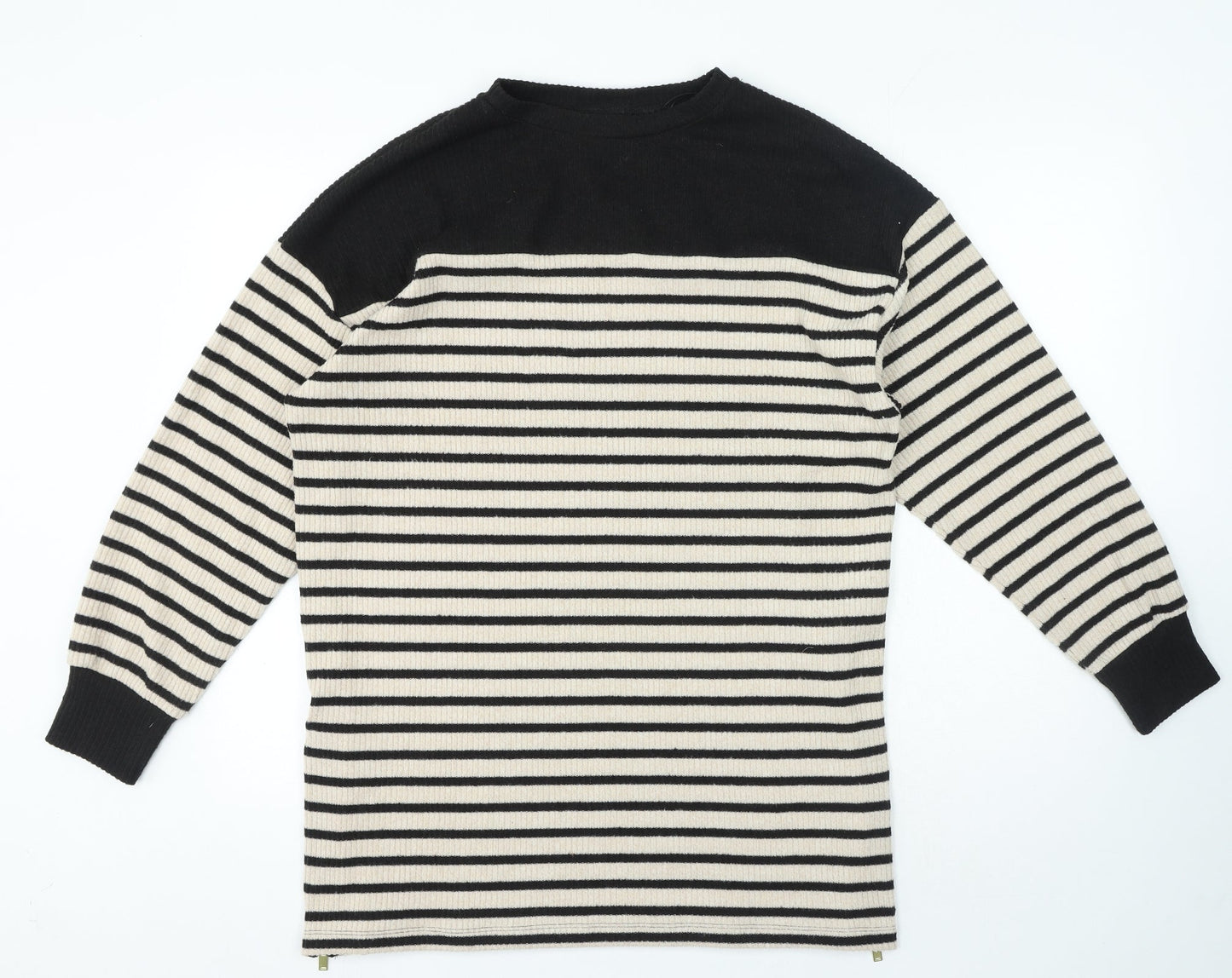 F&F Womens Black Crew Neck Striped Polyester Pullover Jumper Size 14 - Zip on sides