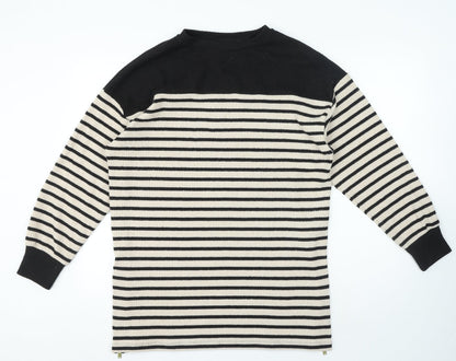 F&F Womens Black Crew Neck Striped Polyester Pullover Jumper Size 14 - Zip on sides