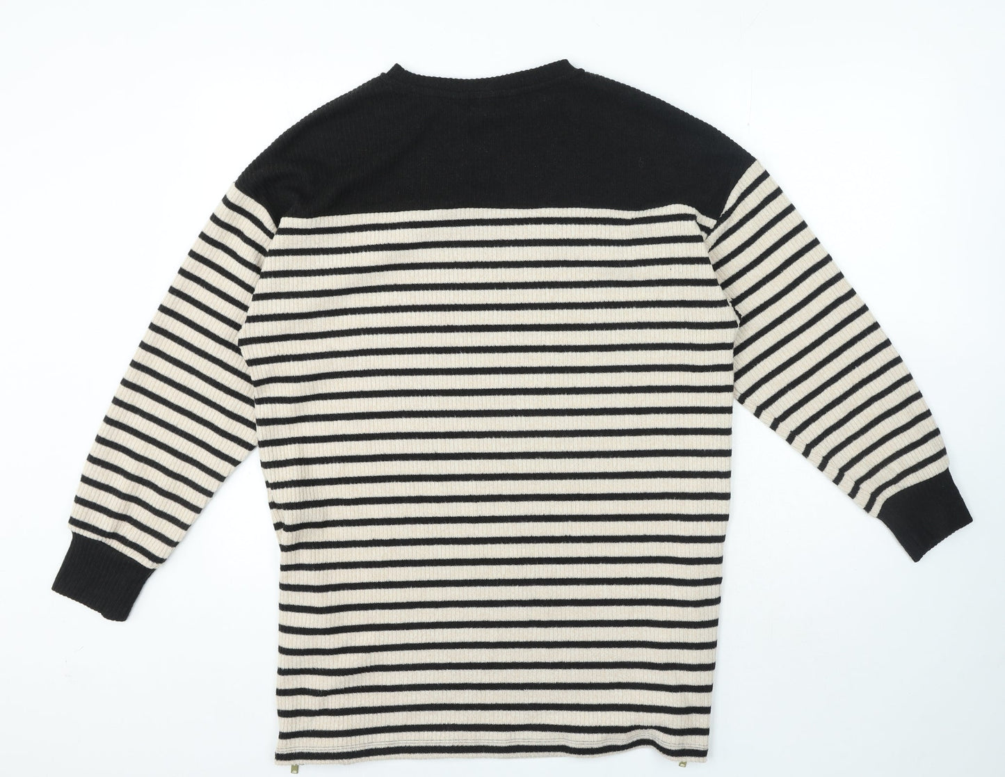 F&F Womens Black Crew Neck Striped Polyester Pullover Jumper Size 14 - Zip on sides