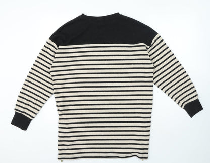 F&F Womens Black Crew Neck Striped Polyester Pullover Jumper Size 14 - Zip on sides