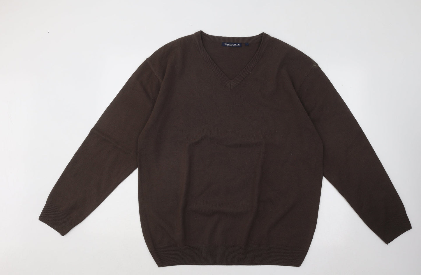WOODVILLE Mens Brown V-Neck Acrylic Pullover Jumper Size L