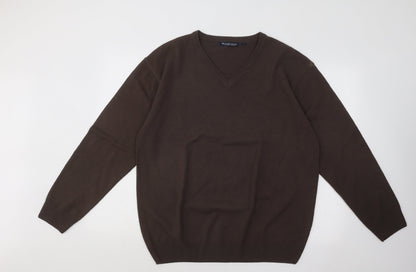 WOODVILLE Mens Brown V-Neck Acrylic Pullover Jumper Size L