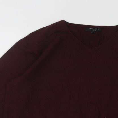 New Look Mens Red V-Neck Acrylic Pullover Jumper Size L