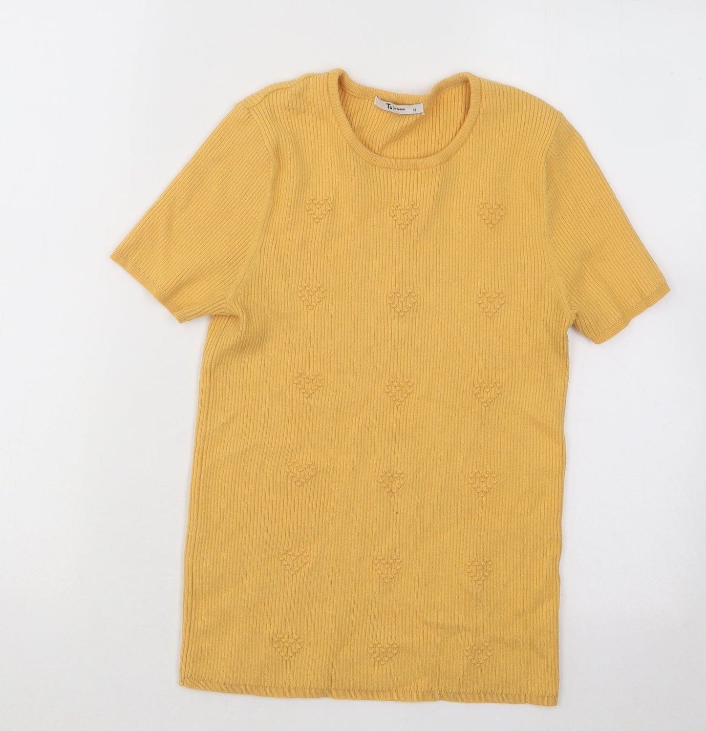 TU Womens Yellow Round Neck Geometric Viscose Pullover Jumper Size 12 - Ribbed