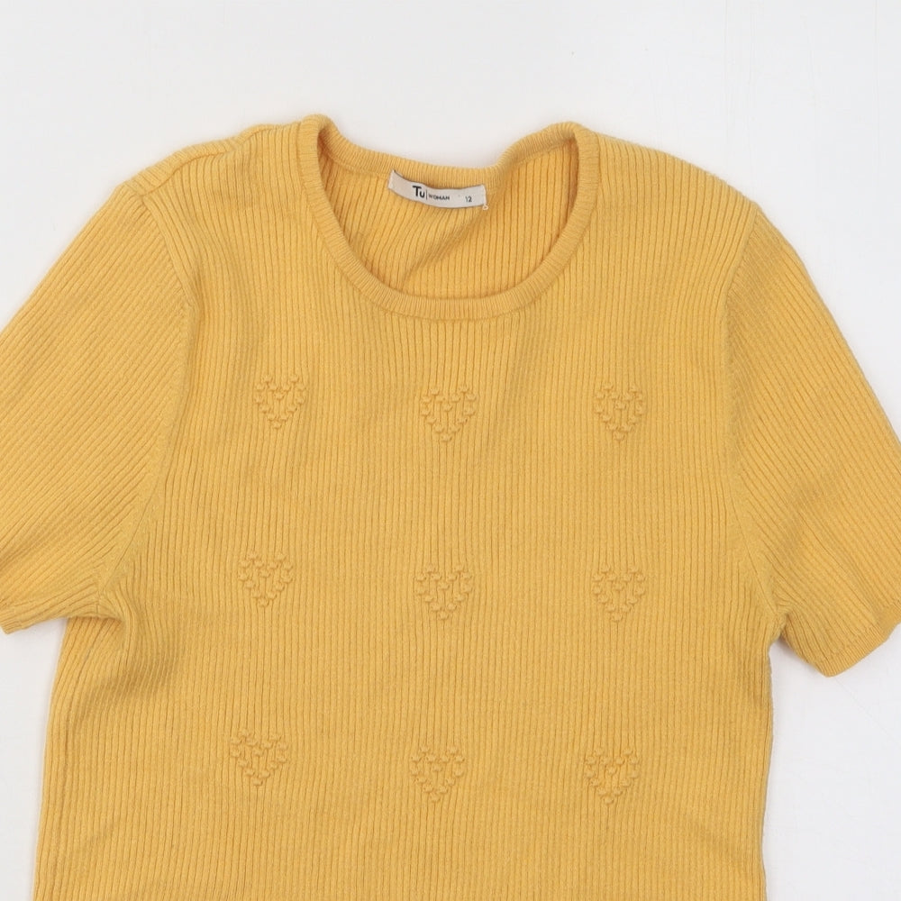 TU Womens Yellow Round Neck Geometric Viscose Pullover Jumper Size 12 - Ribbed