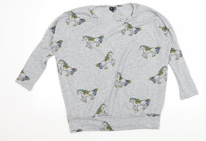 Izabel Womens Grey Scoop Neck Geometric Polyester Pullover Jumper Size 8 - Unicorns