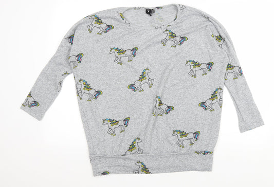 Izabel Womens Grey Scoop Neck Geometric Polyester Pullover Jumper Size 8 - Unicorns