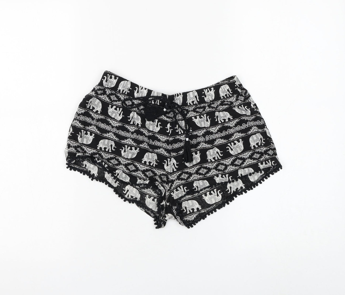 Primark Womens Black Geometric Viscose Hot Pants Shorts Size 6 Regular Drawstring