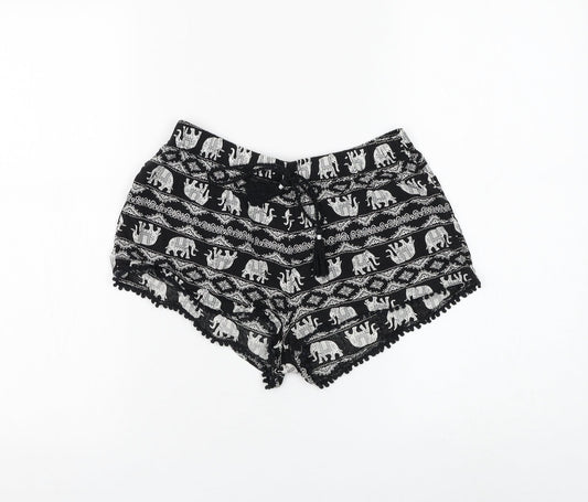 Primark Womens Black Geometric Viscose Hot Pants Shorts Size 6 Regular Drawstring