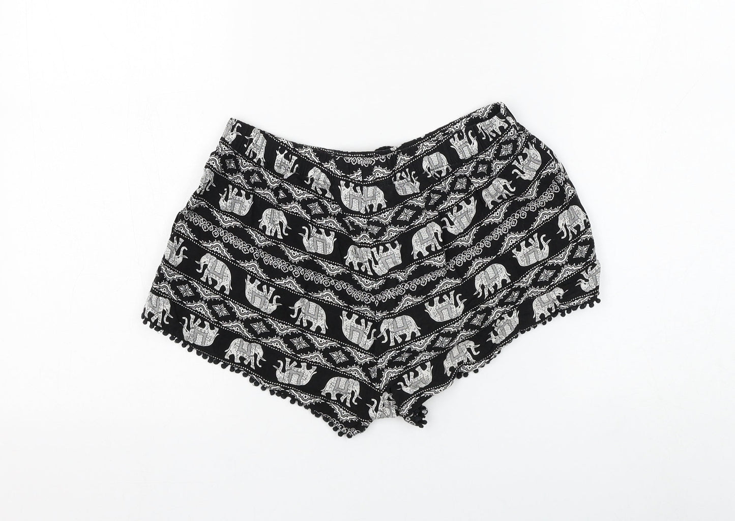Primark Womens Black Geometric Viscose Hot Pants Shorts Size 6 Regular Drawstring