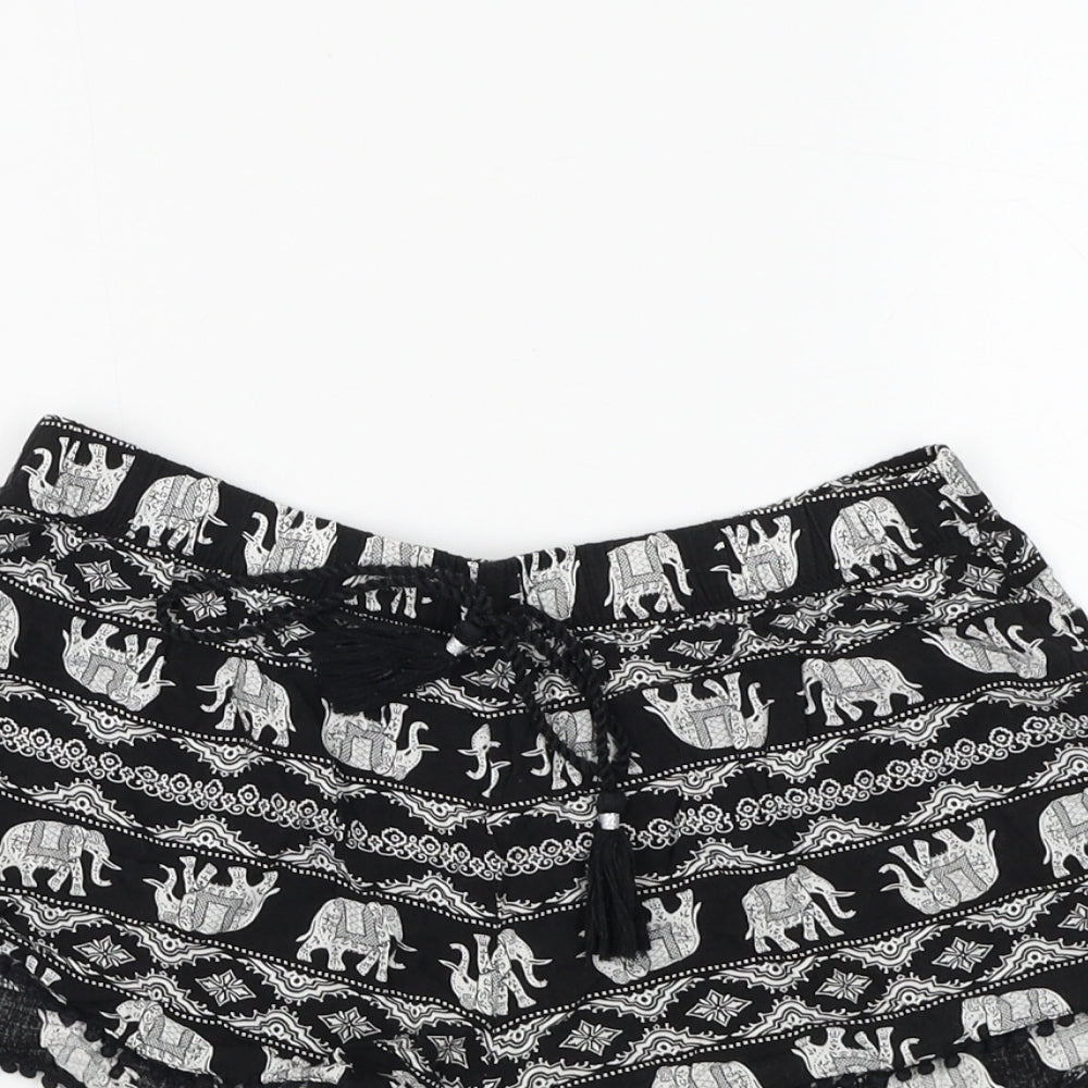 Primark Womens Black Geometric Viscose Hot Pants Shorts Size 6 Regular Drawstring