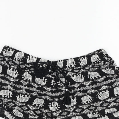 Primark Womens Black Geometric Viscose Hot Pants Shorts Size 6 Regular Drawstring