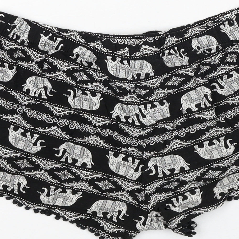 Primark Womens Black Geometric Viscose Hot Pants Shorts Size 6 Regular Drawstring