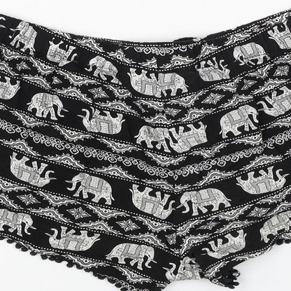 Primark Womens Black Geometric Viscose Hot Pants Shorts Size 6 Regular Drawstring