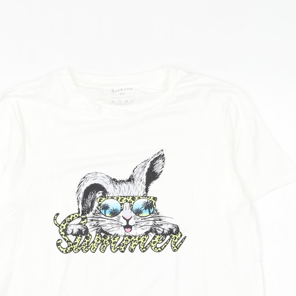 SheIn Womens White Polyester Basic T-Shirt Size XS Round Neck - Summer Rabbit