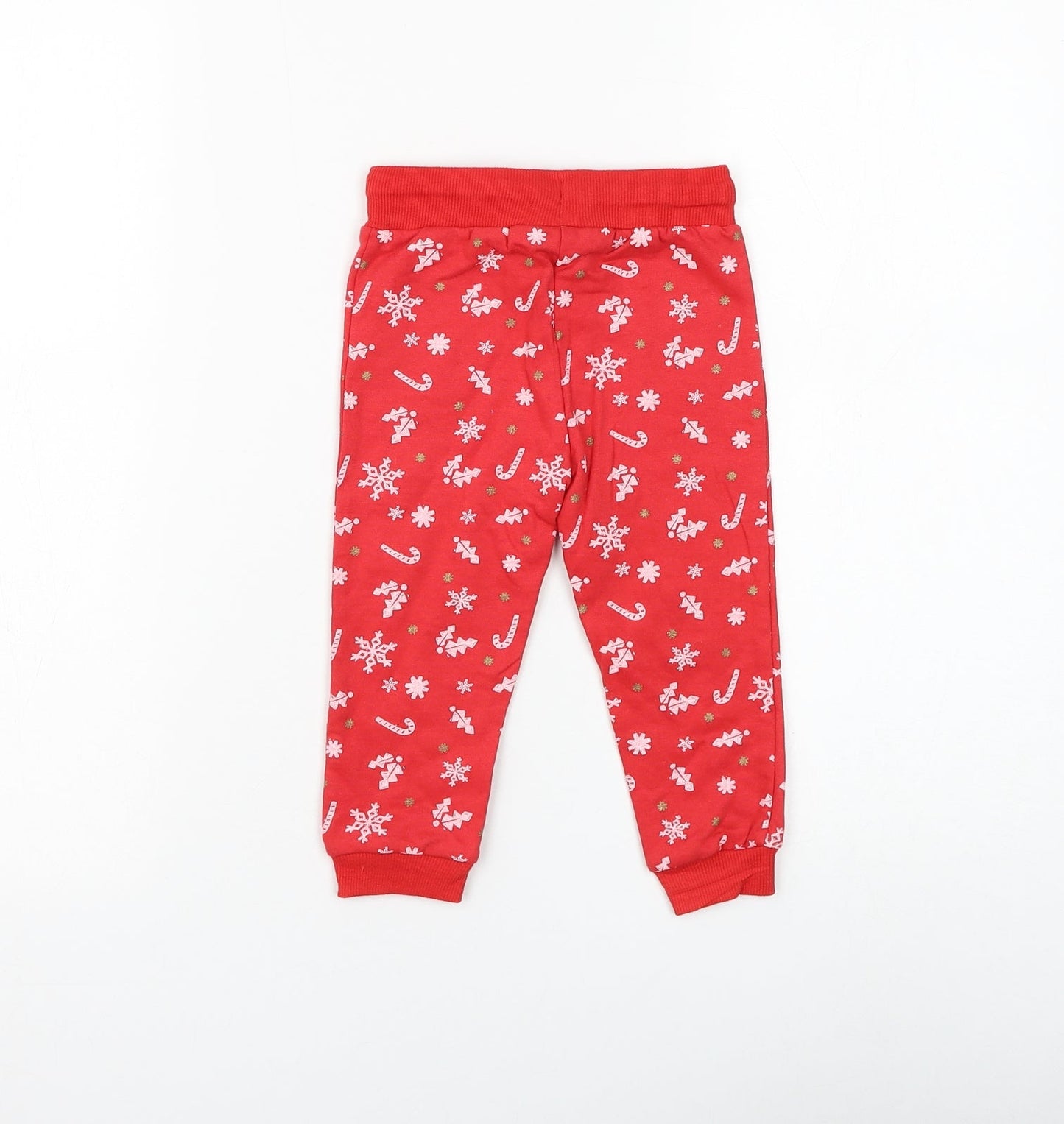 Disney Baby Girls Red Geometric Cotton Jogger Trousers Size 9-12 Months Drawstring - Mickey Mouse Christmas