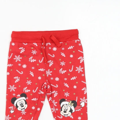 Disney Baby Girls Red Geometric Cotton Jogger Trousers Size 9-12 Months Drawstring - Mickey Mouse Christmas