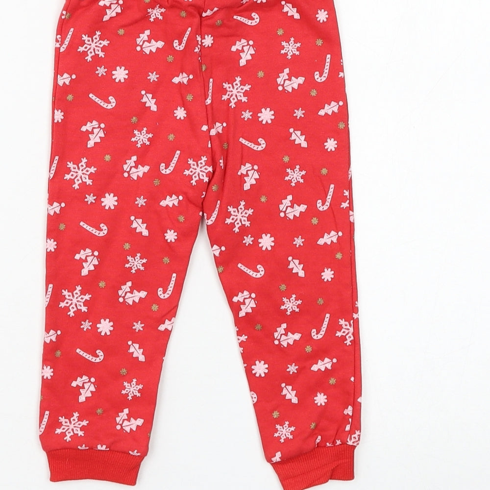 Disney Baby Girls Red Geometric Cotton Jogger Trousers Size 9-12 Months Drawstring - Mickey Mouse Christmas