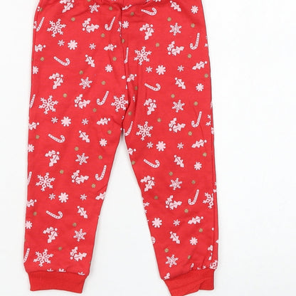 Disney Baby Girls Red Geometric Cotton Jogger Trousers Size 9-12 Months Drawstring - Mickey Mouse Christmas