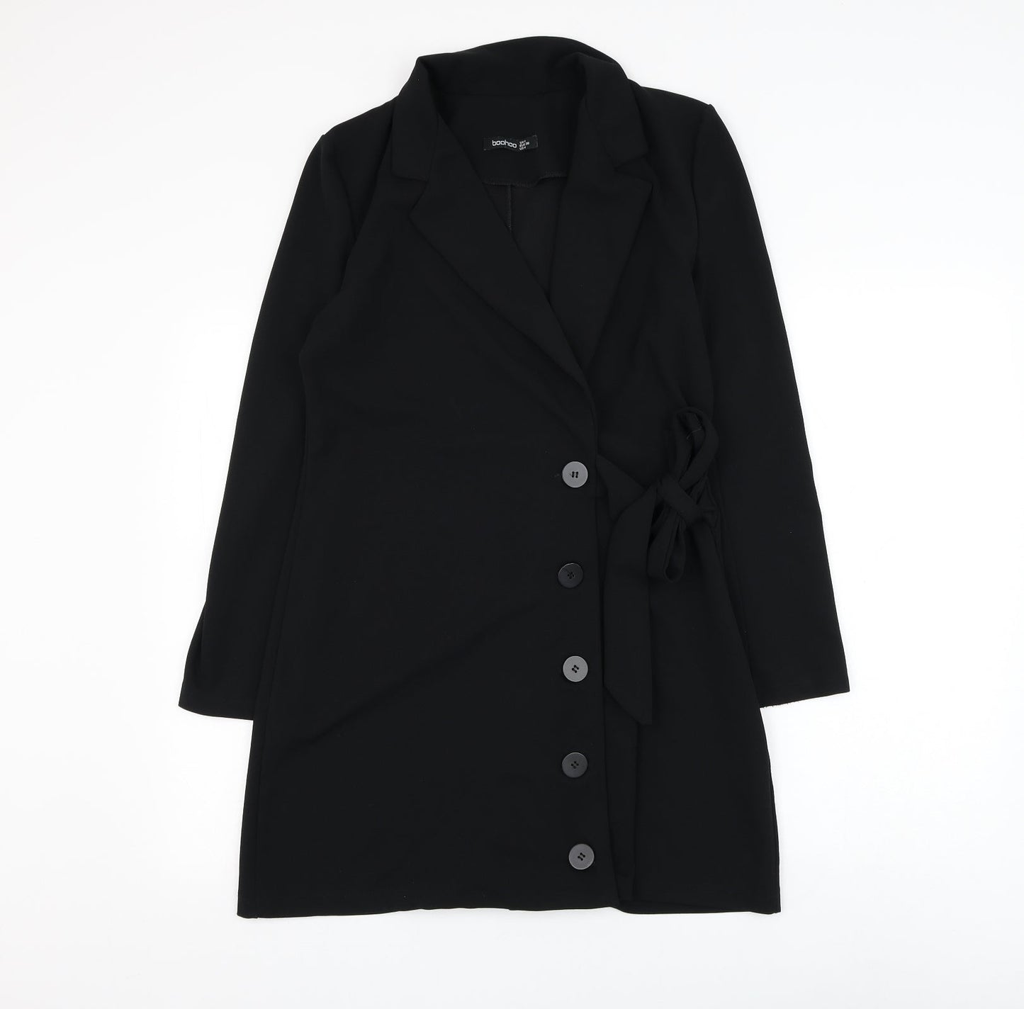 Boohoo Womens Black Polyester Jacket Dress Size 8 Collared Tie
