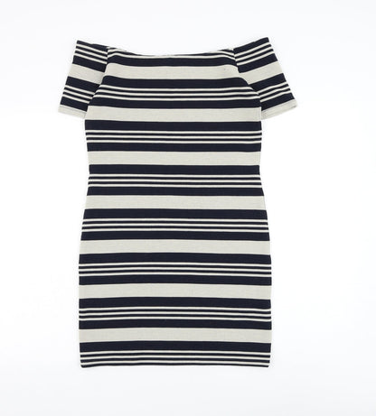 Topshop Womens Blue Striped Polyester Bodycon Size 10 Off the Shoulder Pullover