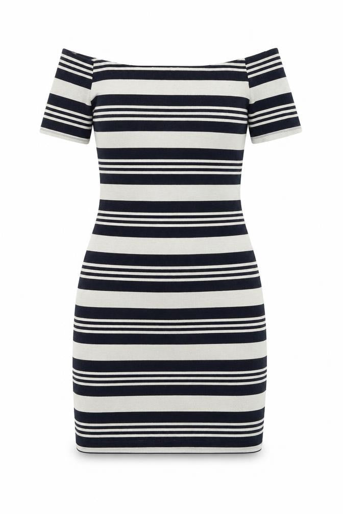 Topshop Womens Blue Striped Polyester Bodycon Size 10 Off the Shoulder Pullover