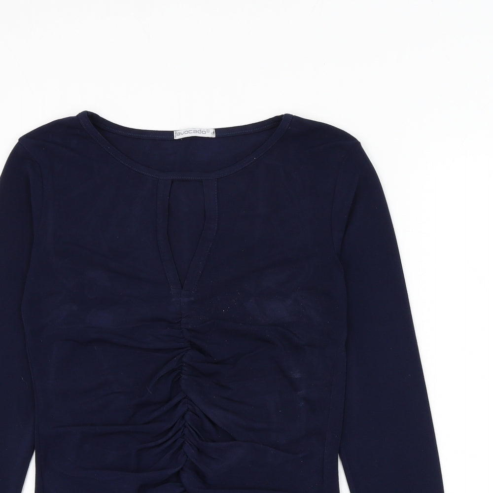 Avocado Womens Blue Polyester Basic Blouse Size S Round Neck