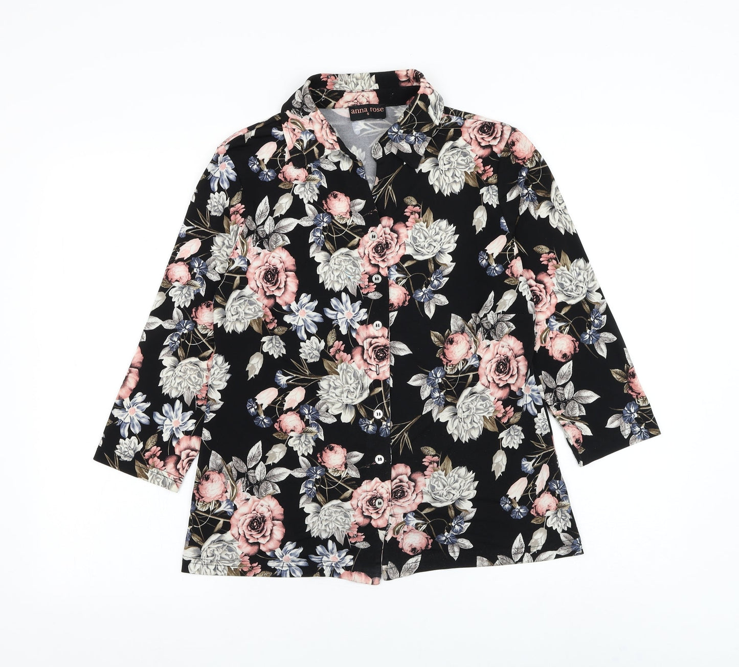 Anna Rose Womens Black Floral Plastic Basic Button-Up Size S Collared