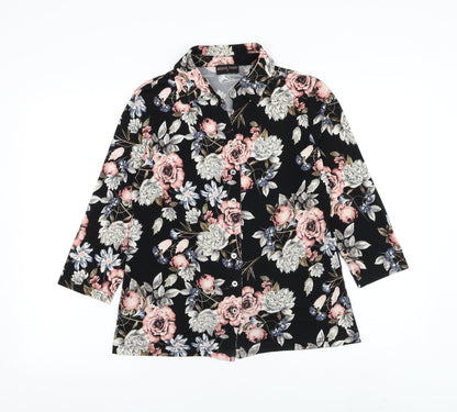 Anna Rose Womens Black Floral Plastic Basic Button-Up Size S Collared