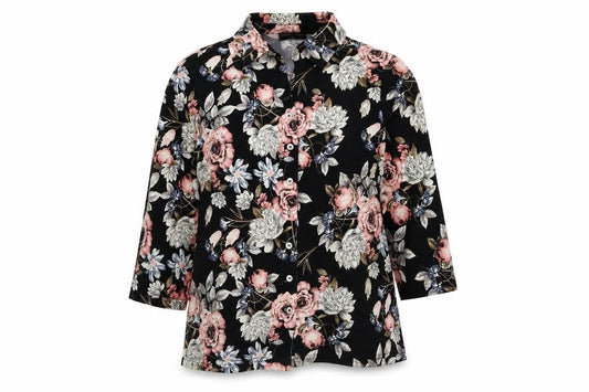 Anna Rose Womens Black Floral Plastic Basic Button-Up Size S Collared