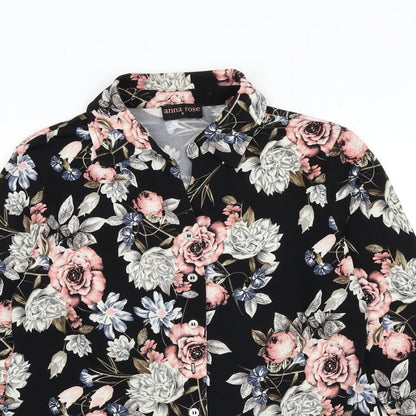 Anna Rose Womens Black Floral Plastic Basic Button-Up Size S Collared