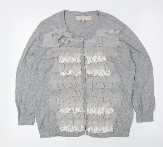 Fenn Wright Manson Womens Grey Scoop Neck Cotton Cardigan Jumper Size XL - Frill Detail