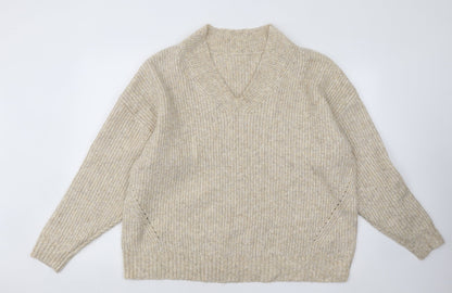 Marks and Spencer Mens Beige V-Neck Acrylic Pullover Jumper Size XL
