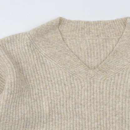 Marks and Spencer Mens Beige V-Neck Acrylic Pullover Jumper Size XL