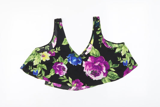 FOREVER 21 Womens Black Floral Polyester Cropped Blouse Size L Round Neck