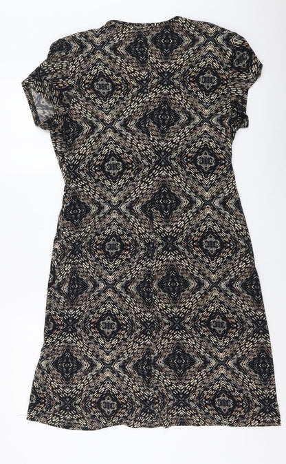 Eonnected Womens Brown Geometric Polyester A-Line Size L V-Neck Pullover
