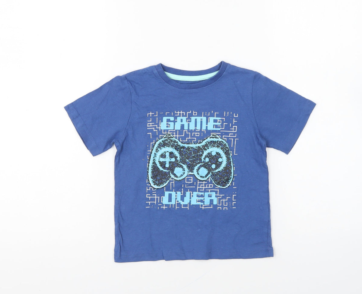 M&Co Boys Blue Cotton Basic T-Shirt Size 4-5 Years Round Neck Pullover - Game Over