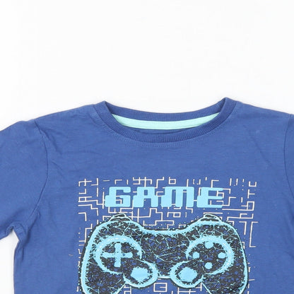 M&Co Boys Blue Cotton Basic T-Shirt Size 4-5 Years Round Neck Pullover - Game Over