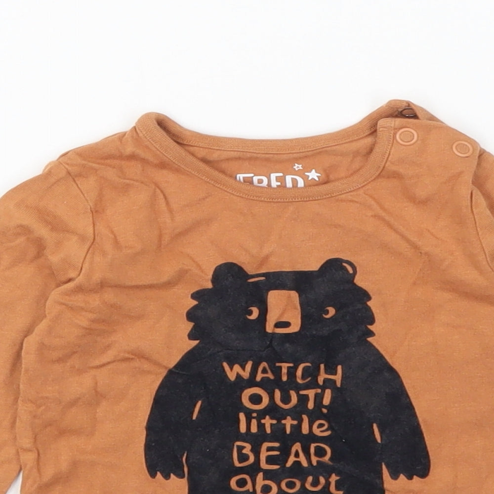 F&F Baby Brown Cotton Basic T-Shirt Size 3-6 Months Round Neck Snap - Watch Out! Little Bear About