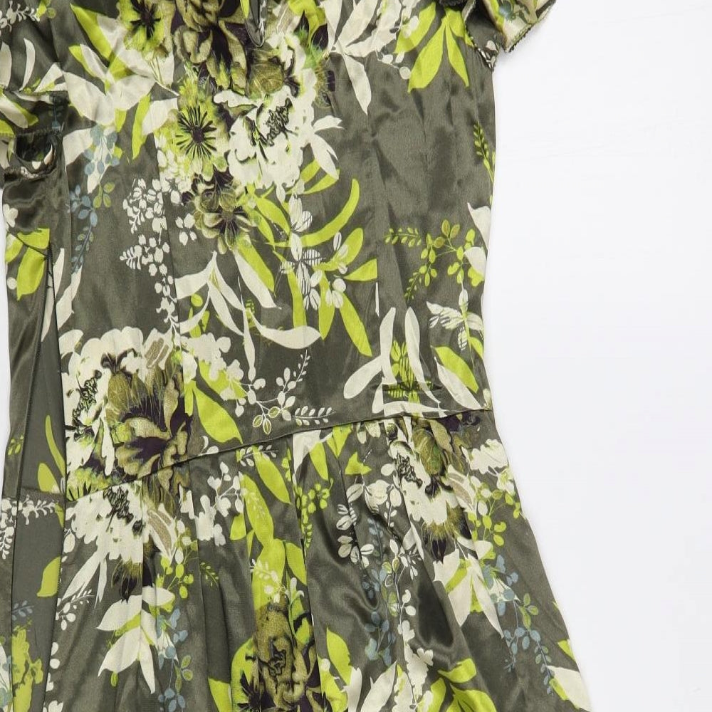 NEXT Womens Green Floral Polyester A-Line Size 6 Boat Neck Button