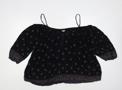 Ecote Womens Black Geometric Viscose Basic Blouse Size L Off the Shoulder