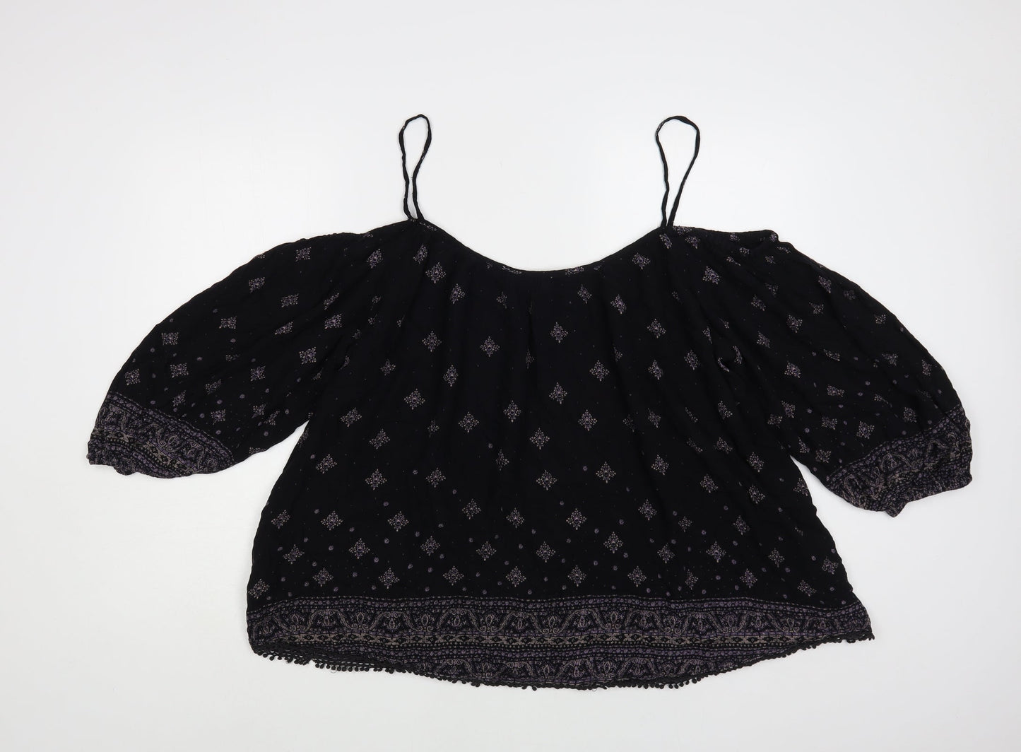 Ecote Womens Black Geometric Viscose Basic Blouse Size L Off the Shoulder