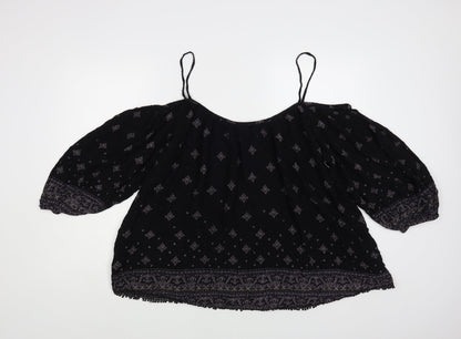Ecote Womens Black Geometric Viscose Basic Blouse Size L Off the Shoulder