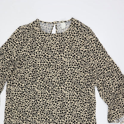 H&M Womens Beige Animal Print Viscose Shift Size 12 Round Neck Button