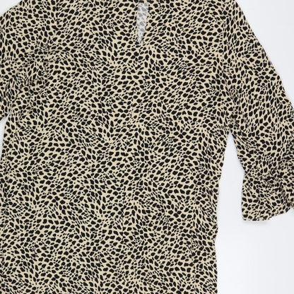 H&M Womens Beige Animal Print Viscose Shift Size 12 Round Neck Button