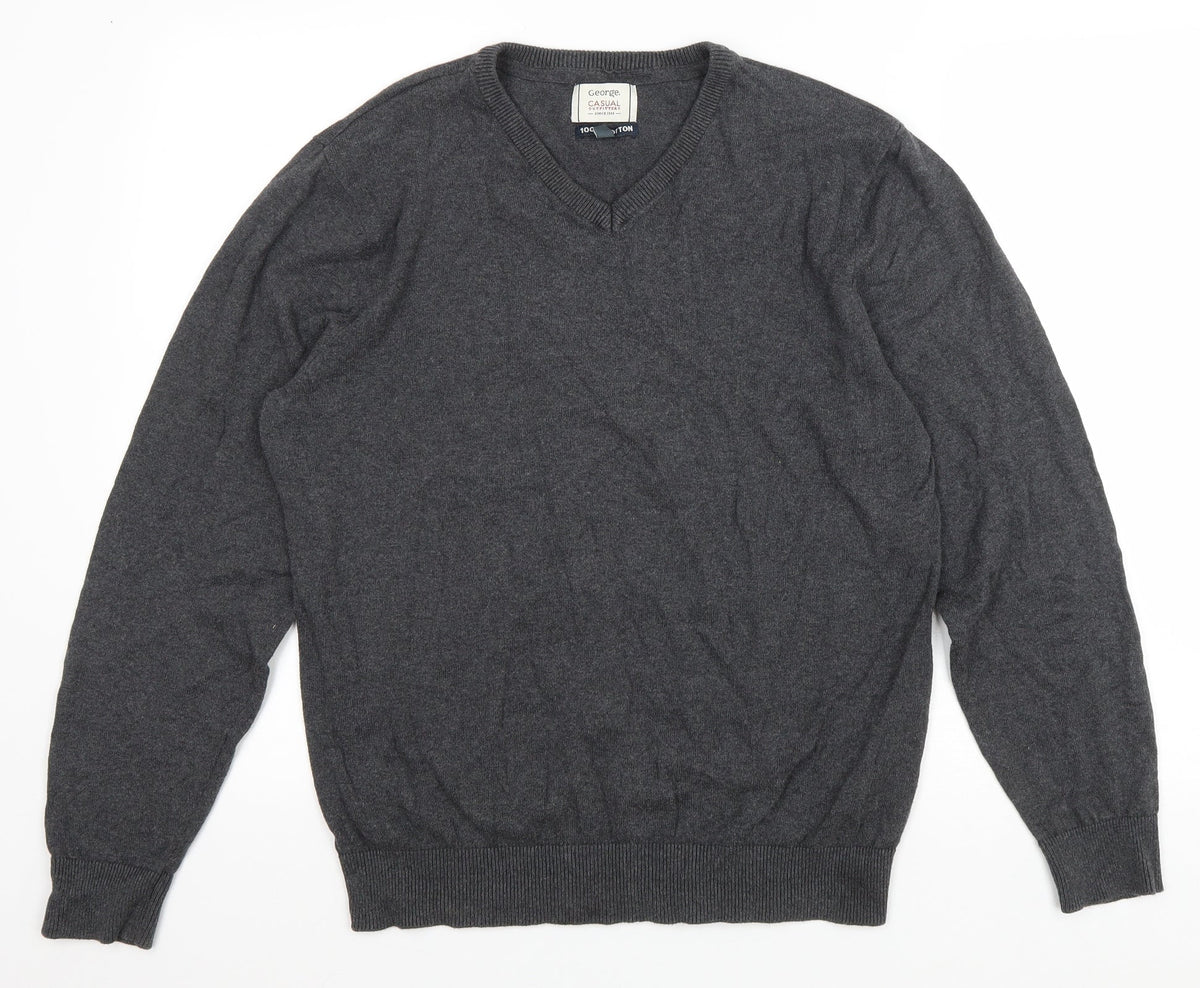 Grorge Mens Grey V-Neck Cotton Pullover Jumper Size M