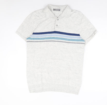 Marks and Spencer Mens Grey Collared Striped Cotton Pullover Jumper Size S