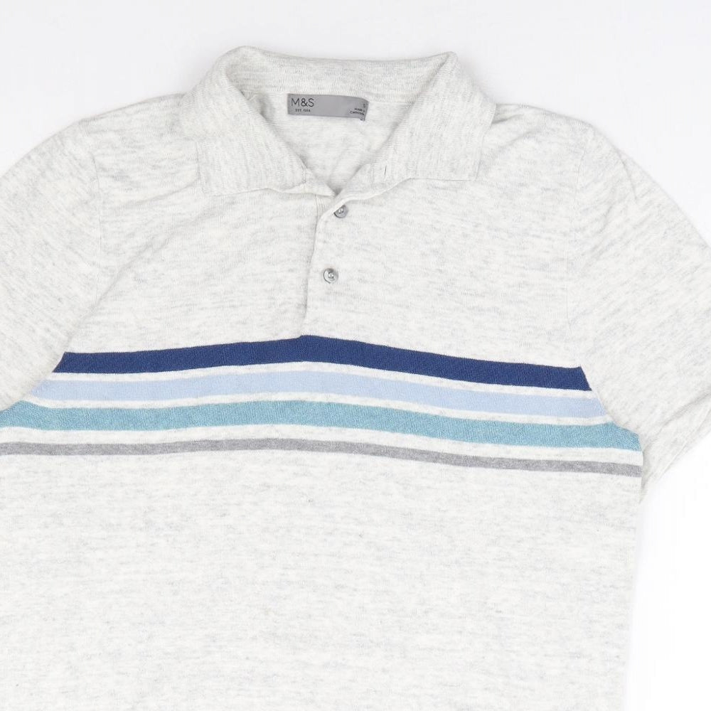 Marks and Spencer Mens Grey Collared Striped Cotton Pullover Jumper Size S